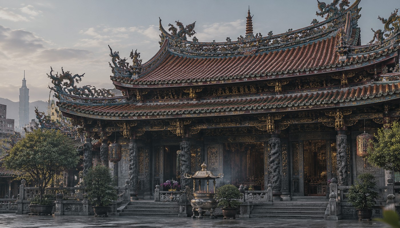 Longshan Temple in Taipei, with layered traditional rooflines and ornate architectural details