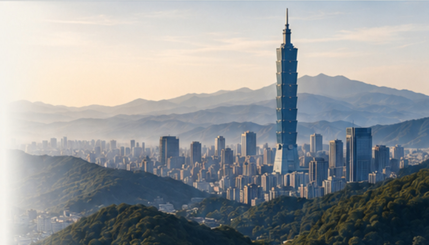 Taipei skyline with Taipei 101, layered mountains, and green hills